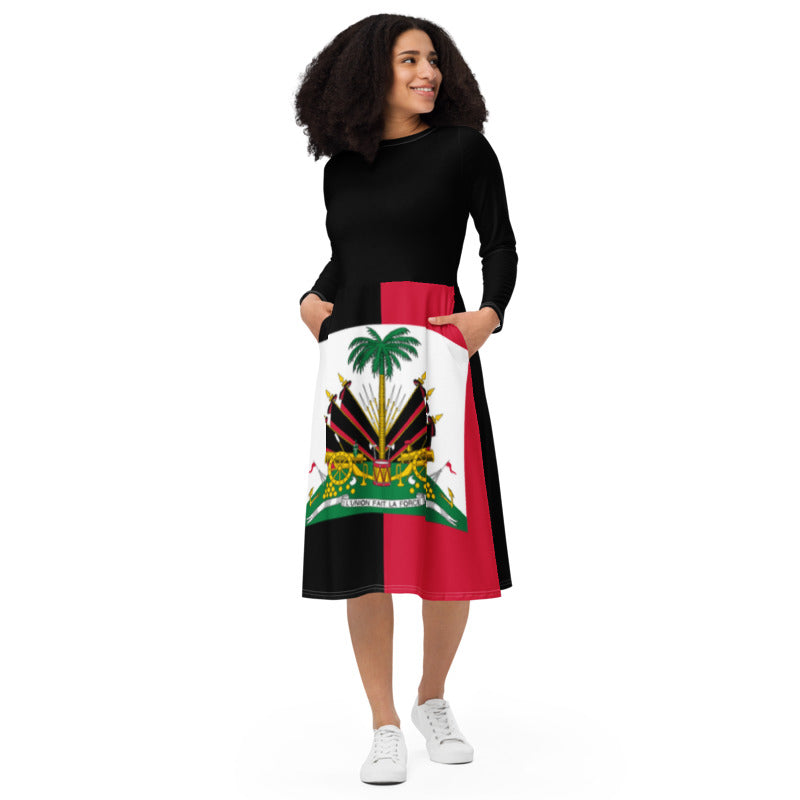 Red/Black Haiti flag Long Sleeve Midi Dress
